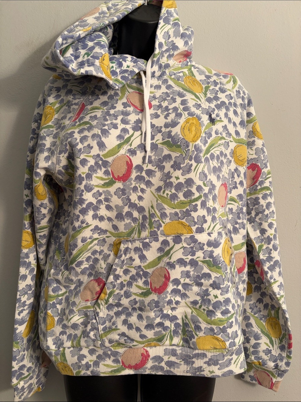 Polo by Ralph Lauren White Floral Hooded Sweatshirt with Yellow & Pink Tulips
